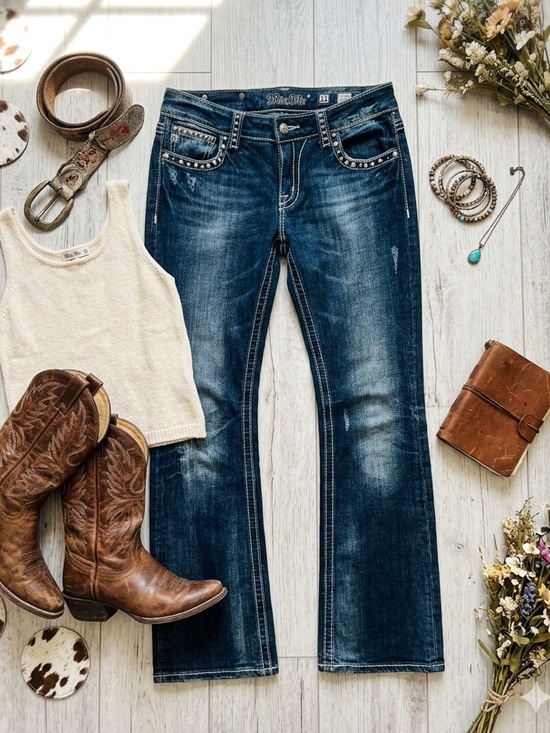 Miss Me Denim - Vintage Miss Me Mid Rise Bootcut Jeans Studded Embellished Flap Pocket 31 x 35